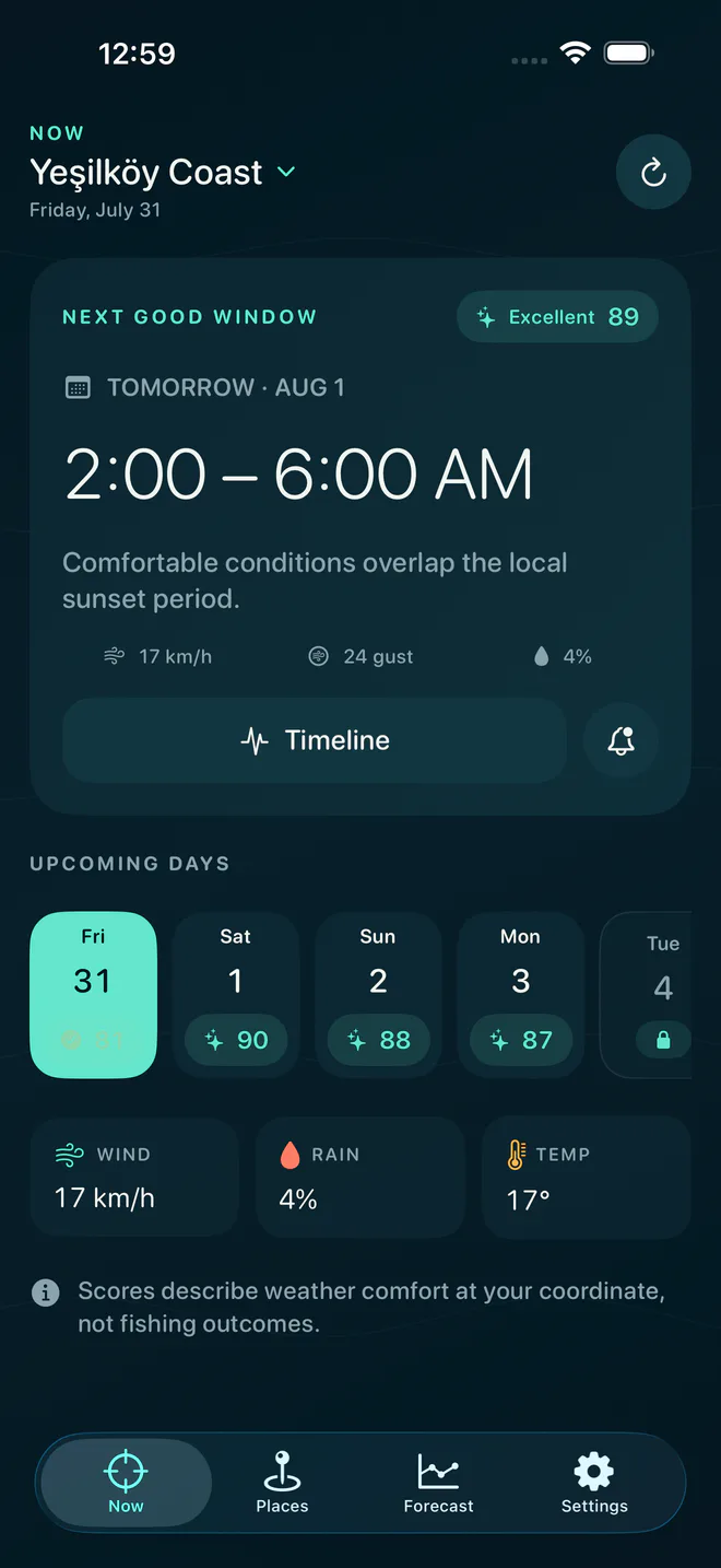 WindLine Now screen showing an upcoming comfortable weather window and its conditions