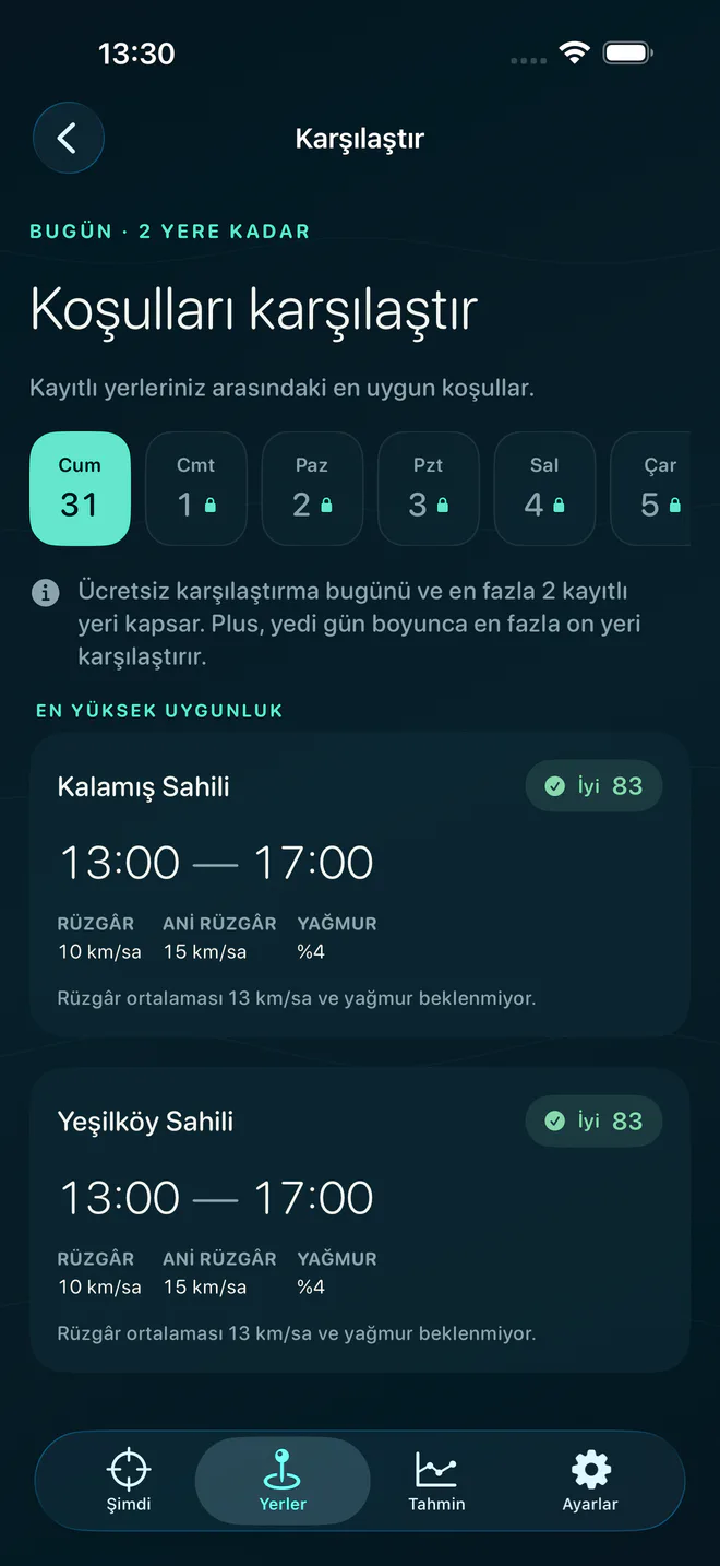 Kayıtlı yerlerini aynı ölçütlerle karşılaştır. — WindLine uygulama ekranı