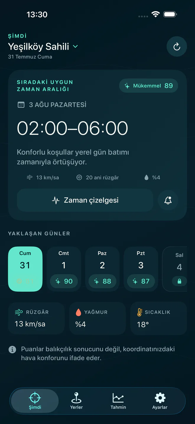 Yaklaşan konforlu hava aralığını ve koşullarını gösteren WindLine Şimdi ekranı