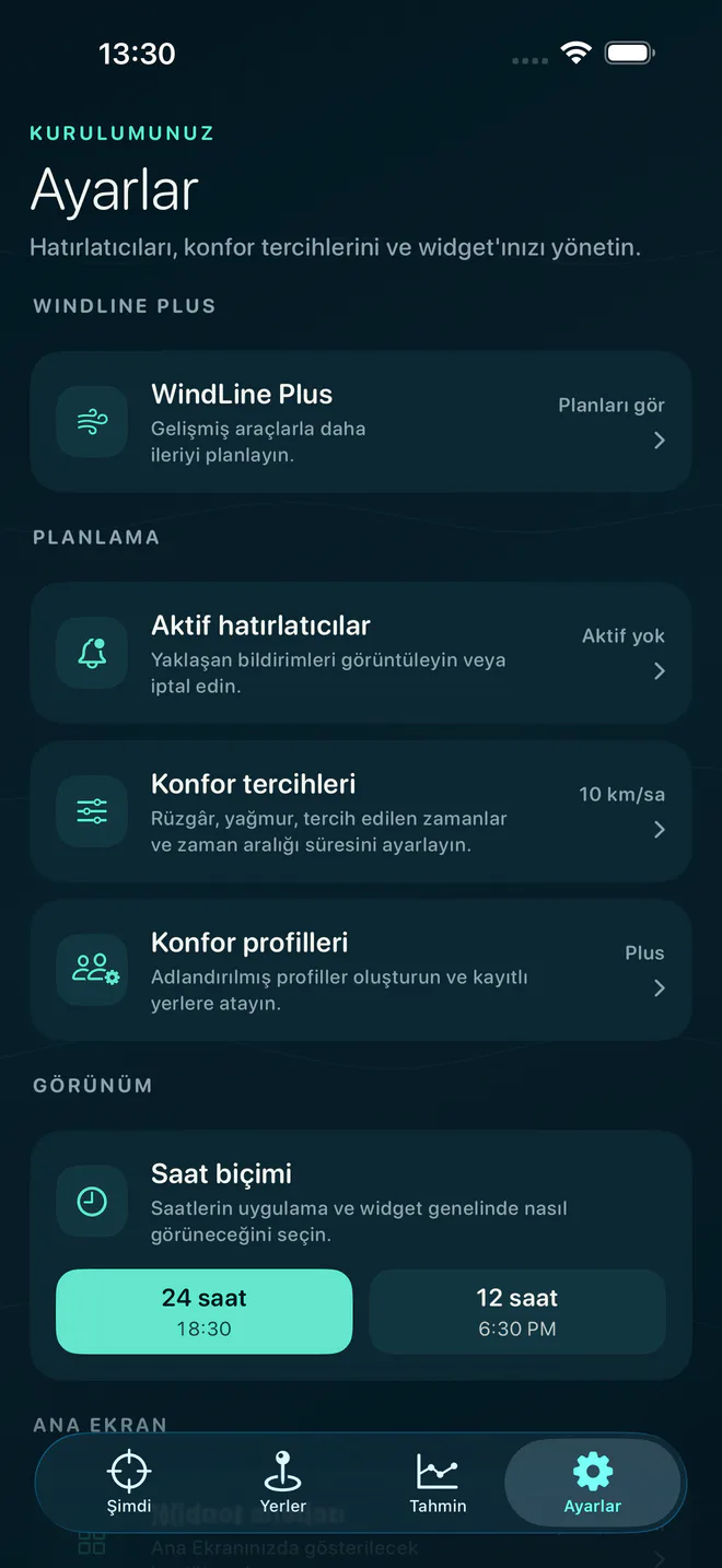 Tahmini dışarıda vakit geçirme biçimine uyarla. — WindLine uygulama ekranı